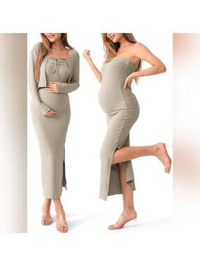 SUNNYBUY Tube Dress Short Cardigan Bodycon Ribbed Maxi Maternity Dress, M